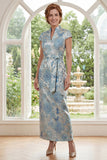 Sheath Blue High Neck Jacquard Mother of the Bride Dress with Belt