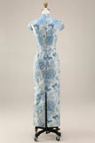 Sheath Blue High Neck Jacquard Mother of the Bride Dress with Belt
