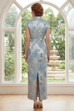 Sheath Blue High Neck Jacquard Mother of the Bride Dress with Belt