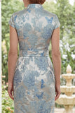 Sheath Blue High Neck Jacquard Mother of the Bride Dress with Belt