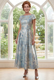 Blue Round Neck A Line Jacquard Mother of the Bride Dress with Belt