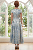 Blue Round Neck A Line Jacquard Mother of the Bride Dress with Belt