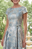 Blue Round Neck A Line Jacquard Mother of the Bride Dress with Belt