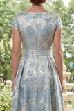 Blue Round Neck A Line Jacquard Mother of the Bride Dress with Belt