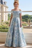 Off The Shoulder A Line Blue Jacquard Long Mother of the Bride Dress