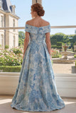 Off The Shoulder A Line Blue Jacquard Long Mother of the Bride Dress