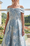 Off The Shoulder A Line Blue Jacquard Long Mother of the Bride Dress