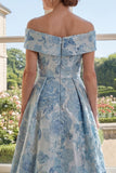 Off The Shoulder A Line Blue Jacquard Long Mother of the Bride Dress