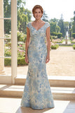 Mermaid V-Neck Blue Printed Floral Mother of the Bride Dress with Cap Sleeves