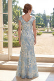 Mermaid V-Neck Blue Printed Floral Mother of the Bride Dress with Cap Sleeves