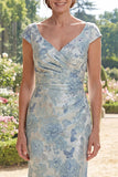 Mermaid V-Neck Blue Printed Floral Mother of the Bride Dress with Cap Sleeves