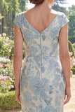 Mermaid V-Neck Blue Printed Floral Mother of the Bride Dress with Cap Sleeves