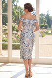 Dusty Blue Sheath Printed Floral Off The Shoulder Midi Mother of the Bride Dress