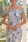 Dusty Blue Sheath Printed Floral Off The Shoulder Midi Mother of the Bride Dress