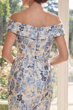 Dusty Blue Sheath Printed Floral Off The Shoulder Midi Mother of the Bride Dress
