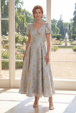 A Line V-Neck Dusty Blue Jacquard Mother of the Bride Dress with Short Sleeves