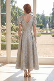 A Line V-Neck Dusty Blue Jacquard Mother of the Bride Dress with Short Sleeves
