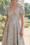 A Line V-Neck Dusty Blue Jacquard Mother of the Bride Dress with Short Sleeves