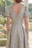 A Line V-Neck Dusty Blue Jacquard Mother of the Bride Dress with Short Sleeves