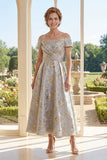 Dusty Blue Floral Jacquard A Line Off The Shoulder Mother of the Bride Dress with Short Sleeves