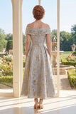 Dusty Blue Floral Jacquard A Line Off The Shoulder Mother of the Bride Dress with Short Sleeves
