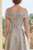 Dusty Blue Floral Jacquard A Line Off The Shoulder Mother of the Bride Dress with Short Sleeves