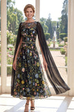Floral Round Neck Black A Line Mother of the Bride Dress with Cape Sleeves