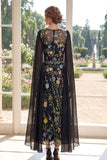 Floral Round Neck Black A Line Mother of the Bride Dress with Cape Sleeves