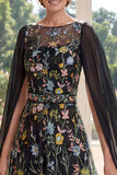 Floral Round Neck Black A Line Mother of the Bride Dress with Cape Sleeves