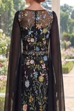 Floral Round Neck Black A Line Mother of the Bride Dress with Cape Sleeves