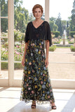 V-Neck Black A Line Floral Mother of the Bride Dress with Cape sleeves