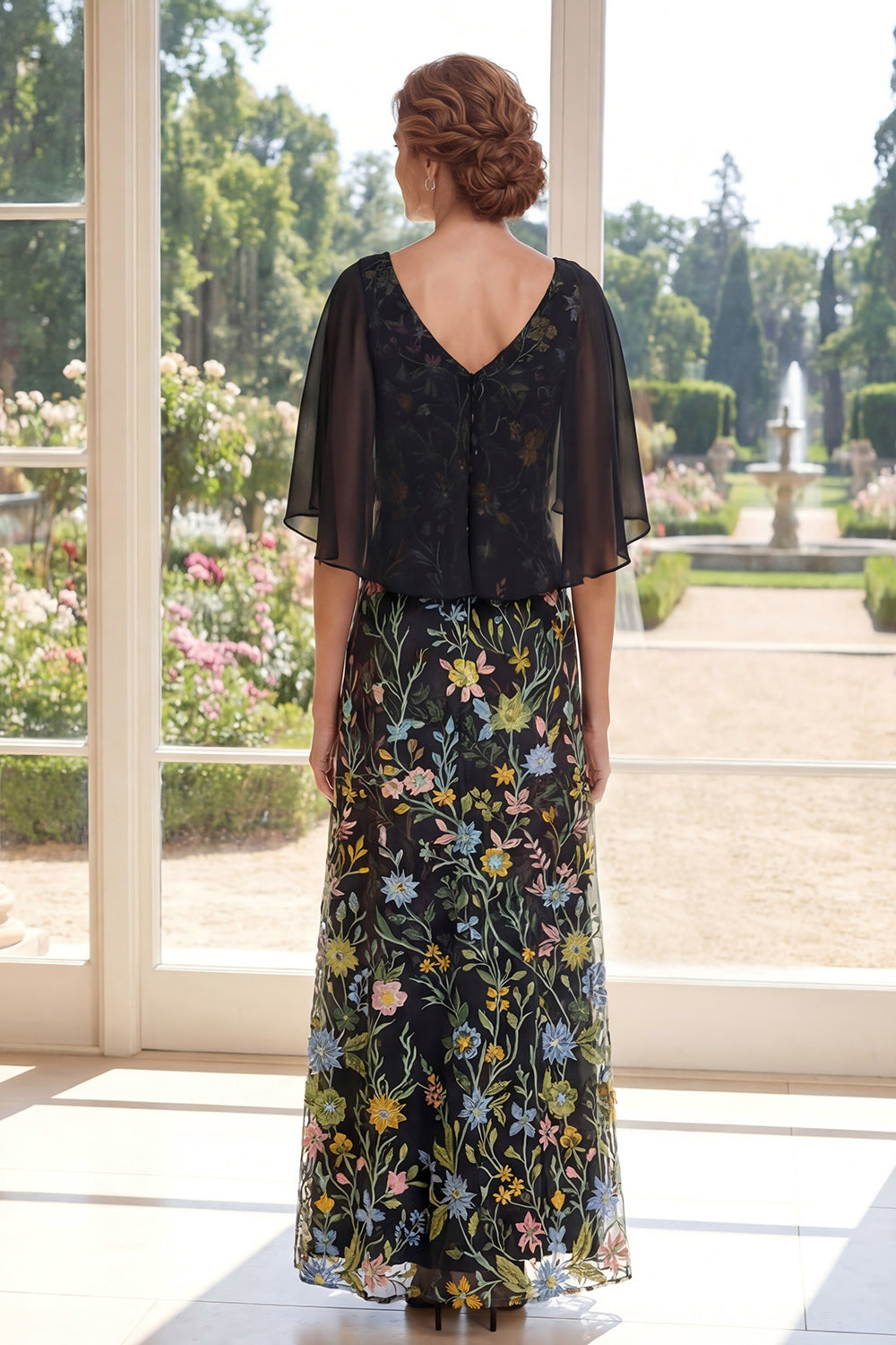 Wedtrend Women Black Mother of the Bride Dress with Cape sleeves V-Neck A Line Floral Long Wedding Guest Dress, Black / US16