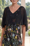 V-Neck Black A Line Floral Mother of the Bride Dress with Cape sleeves