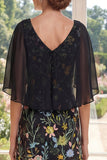 V-Neck Black A Line Floral Mother of the Bride Dress with Cape sleeves