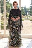 Black A Line Round Neck Floral Long Mother of the Bride Dress with Cape Sleeves