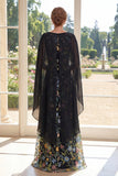 Black A Line Round Neck Floral Long Mother of the Bride Dress with Cape Sleeves