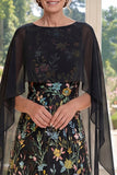 Black A Line Round Neck Floral Long Mother of the Bride Dress with Cape Sleeves