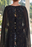 Black A Line Round Neck Floral Long Mother of the Bride Dress with Cape Sleeves