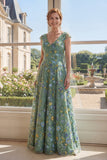 Green A Line V-Neck Floral Mother of the Bride Dress