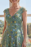 Green A Line V-Neck Floral Mother of the Bride Dress
