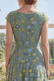 Green A Line V-Neck Floral Mother of the Bride Dress