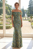 Green Mermaid Off The Shoulder Floral Long Mother of the Bride Dress