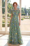 A Line Green Bateau Neck Appliqued Mother of the Bride Dress with Short Sleeves