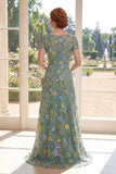 A Line Green Bateau Neck Appliqued Mother of the Bride Dress with Short Sleeves
