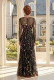 Mermaid Square Neck Black Floral Mother of the Bride Dress with Long Sleeves