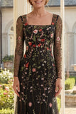 Mermaid Square Neck Black Floral Mother of the Bride Dress with Long Sleeves