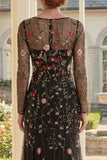 Mermaid Square Neck Black Floral Mother of the Bride Dress with Long Sleeves
