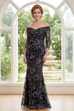 Off The Shoulder Mermaid Black Sequin Appliqued Mother of the Bride Dress with 3/4 Sleeves