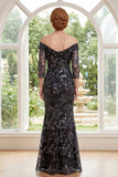 Off The Shoulder Mermaid Black Sequin Appliqued Mother of the Bride Dress with 3/4 Sleeves