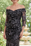 Off The Shoulder Mermaid Black Sequin Appliqued Mother of the Bride Dress with 3/4 Sleeves